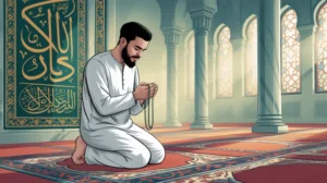 Ilustrasi muslim sedang berdoa dengan latar masjid yang indah
