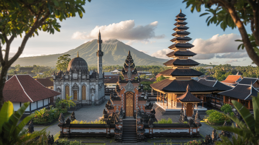 Berbagai tempat ibadah agama di Indonesia termasuk masjid, gereja, pura, dan vihara