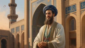 Potret ilustrasi Amirul Mukminin Umar bin Khattab dengan latar masjid kuno