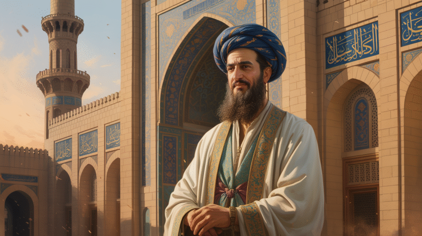 Potret ilustrasi Amirul Mukminin Umar bin Khattab dengan latar masjid kuno