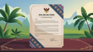 Ilustrasi akta jual beli tanah dengan dokumen hukum dan properti