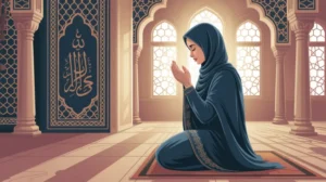 Ilustrasi muslimah sedang beribadah shalat dengan khusyuk