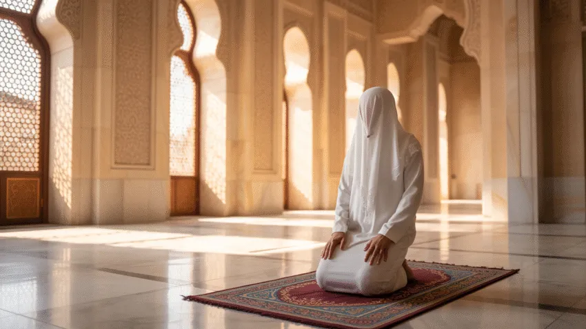 Ilustrasi muslim sedang melaksanakan shalat sunnah rawatib di masjid