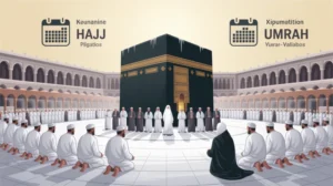 Ilustrasi perbedaan haji dan umrah dengan gambar Ka'bah dan jamaah