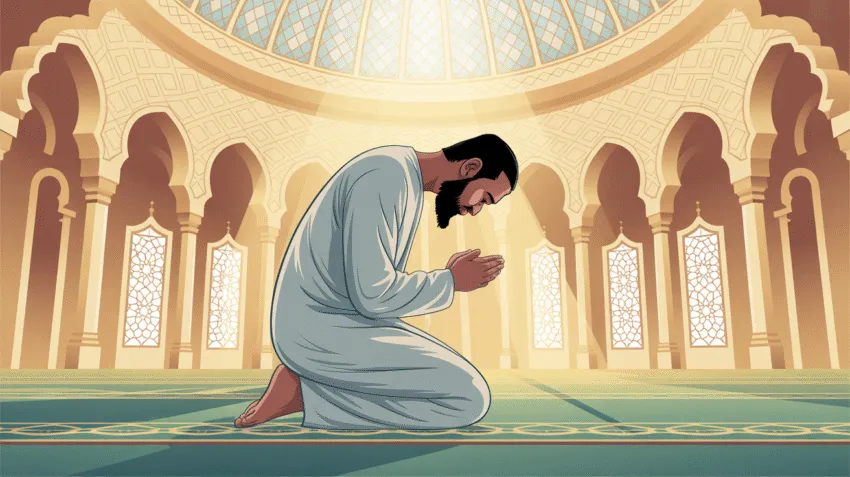 Ilustrasi seseorang sedang beribadah dengan khusyuk di masjid