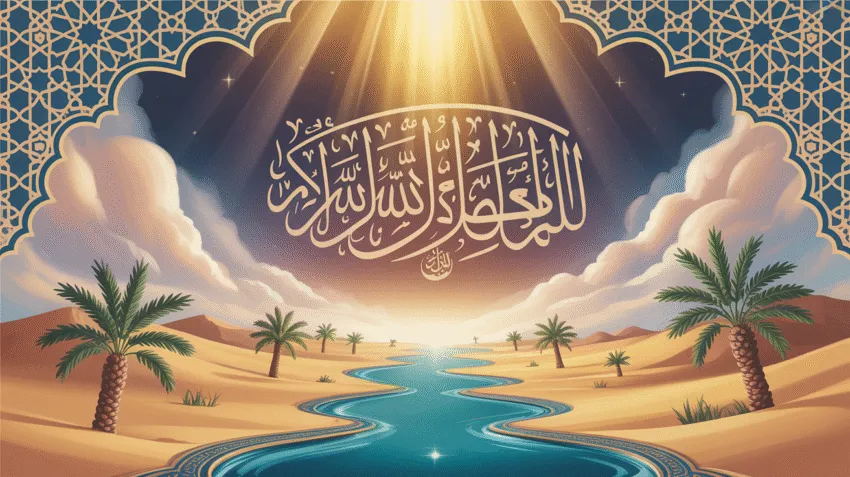 Ilustrasi asbabun nuzul Surat Al Kautsar dengan kaligrafi Arab dan latar spiritual