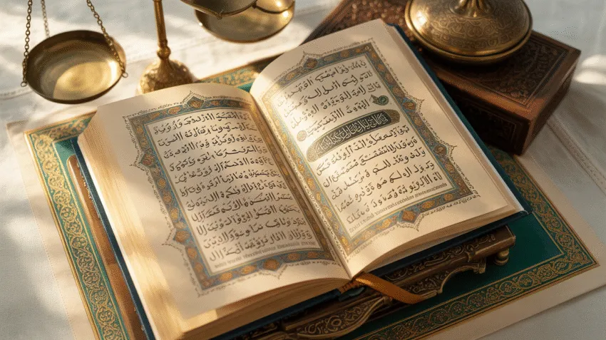 Ilustrasi ayat Al-Qur'an tentang jual beli dengan background mushaf dan simbol perdagangan islami