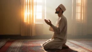 Ilustrasi muslim sedang berdzikir di pagi hari dengan latar matahari terbit
