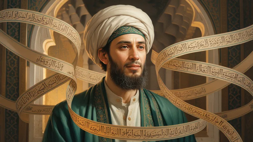 Ilustrasi Ali bin Abi Thalib dengan kaligrafi Arab tentang tawakal