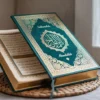 Buku dzikir pagi petang dengan cover islami di atas sajadah