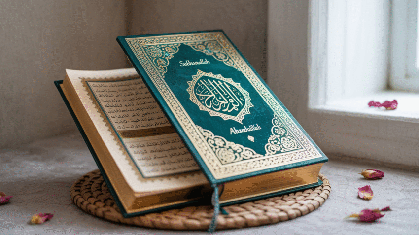 Buku dzikir pagi petang dengan cover islami di atas sajadah