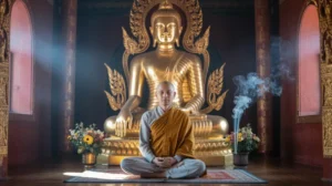 Orang sedang melakukan ibadah agama Buddha di vihara dengan patung Buddha sebagai latar