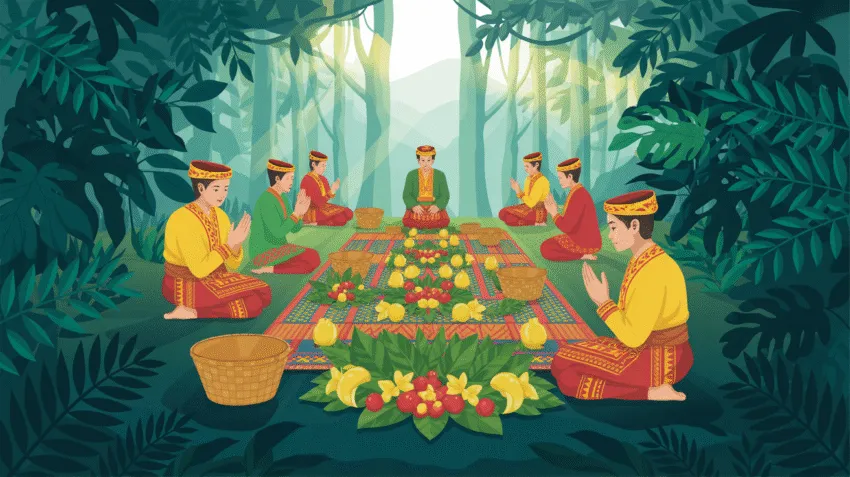 Ritual ibadah Sunda Wiwitan di alam terbuka dengan sesajen tradisional