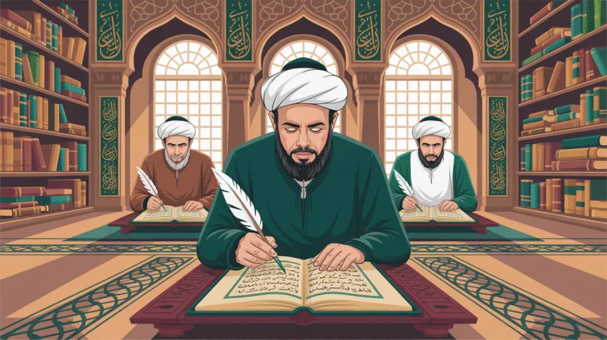 Ilustrasi cendekiawan Islam sedang mempelajari dan menafsirkan Al-Qur'an