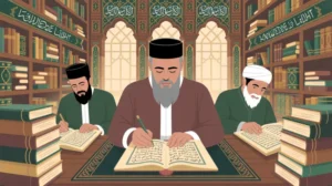 Ilustrasi cendekiawan muslim sedang mempelajari kitab tafsir Al-Quran