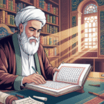 Ilustrasi cendikiawan Islam sedang mempelajari kitab tafsir Al-Qur'an