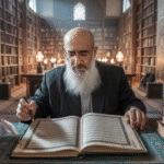 Ilustrasi cendikiawan muslim sedang mempelajari kitab tafsir Al-Quran di perpustakaan klasik