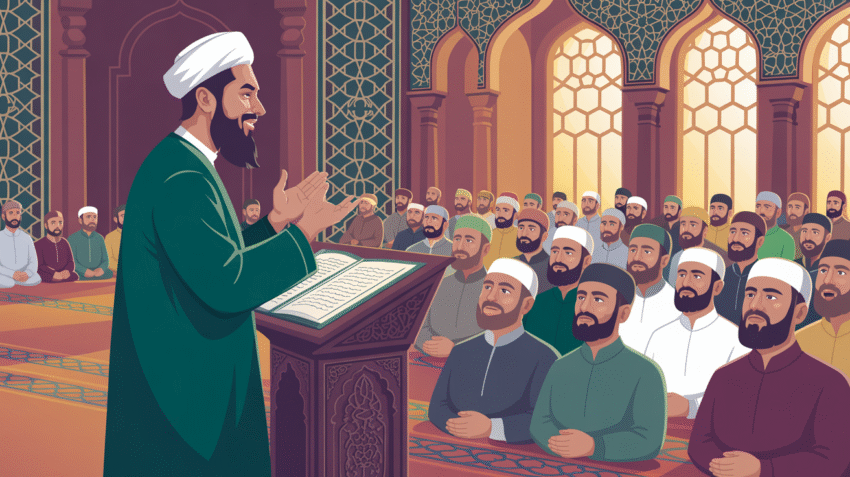 Ilustrasi ceramah tentang akhlak dengan penceramah sedang berbicara di depan audiens muslim