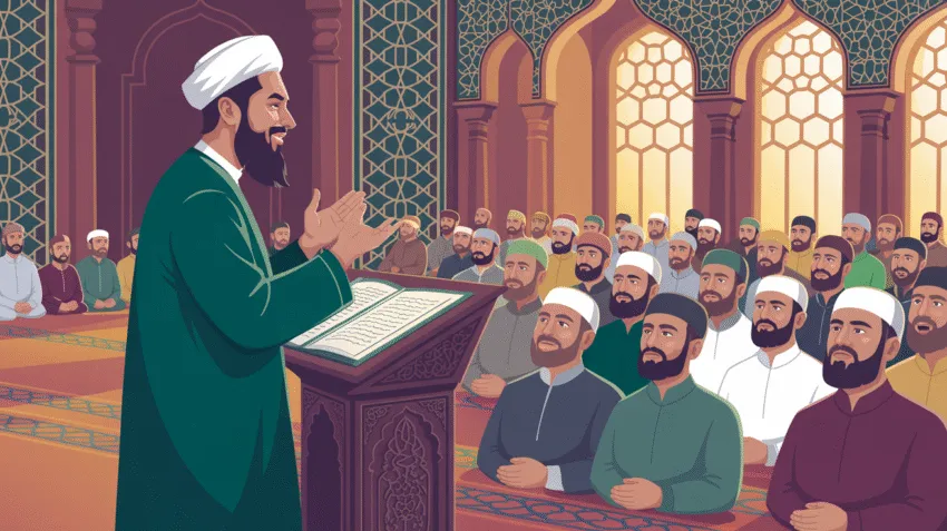 Ilustrasi ceramah tentang akhlak dengan penceramah sedang berbicara di depan audiens muslim