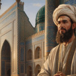 Potret Umar bin Khattab dengan latar masjid kuno