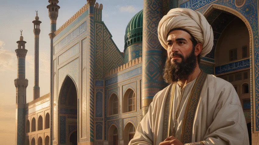 Potret Umar bin Khattab dengan latar masjid kuno