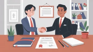 Ilustrasi proses jual beli tanah dengan dokumen sertifikat dan notaris