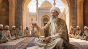 Ilustrasi Utsman bin Affan dalam dakwah Islam dengan latar masjid kuno