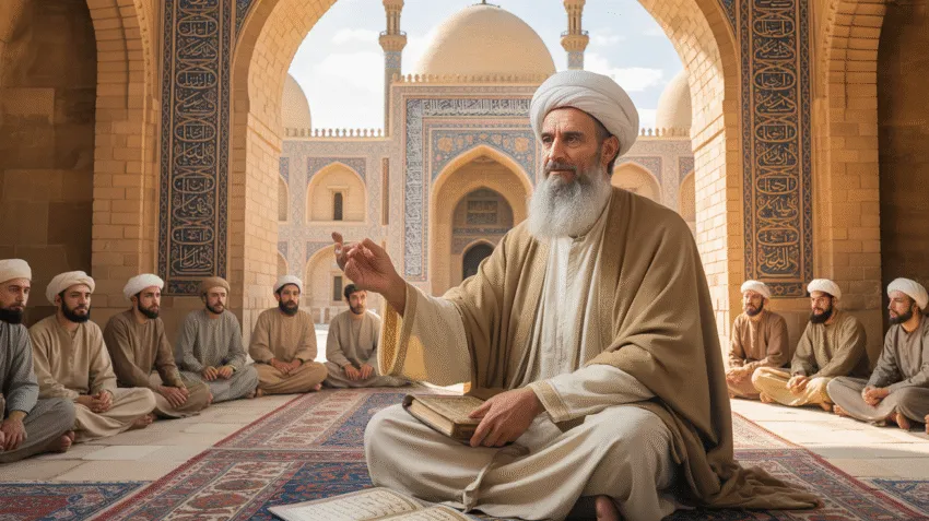 Ilustrasi Utsman bin Affan dalam dakwah Islam dengan latar masjid kuno