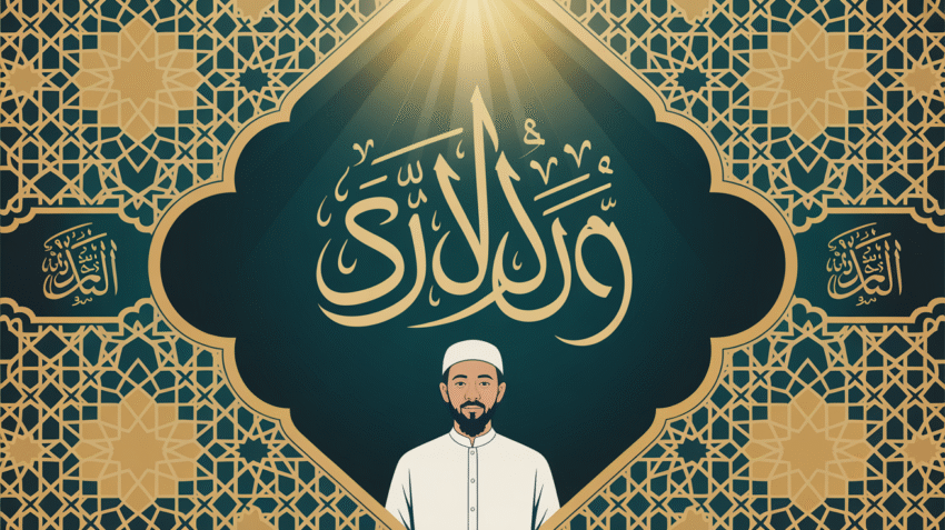 Ilustrasi kejujuran dalam Islam dengan tulisan Arab dan simbol kejujuran