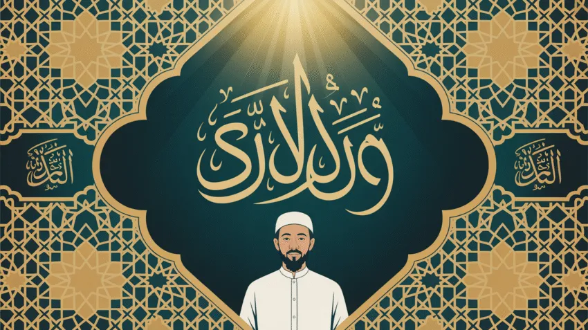 Ilustrasi kejujuran dalam Islam dengan tulisan Arab dan simbol kejujuran