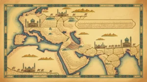 Peta wilayah kekuasaan Dinasti Umayyah dengan ilustrasi masjid dan kaligrafi Islam