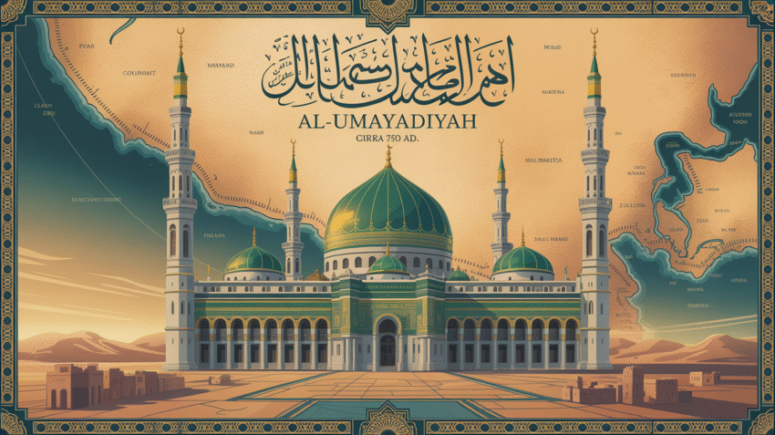 Peta kekuasaan Dinasti Umayyah dengan ilustrasi Masjid Umayyah di Damaskus