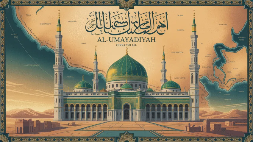 Peta kekuasaan Dinasti Umayyah dengan ilustrasi Masjid Umayyah di Damaskus