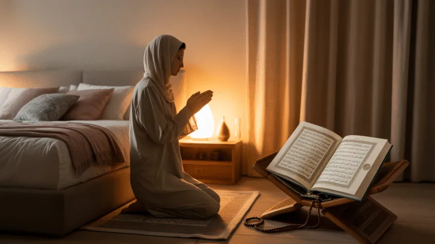 Ilustrasi doa sebelum tidur dengan suasana kamar yang tenang