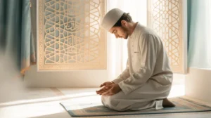 Ilustrasi muslim sedang berdoa dan berdzikir sesudah sholat fardhu