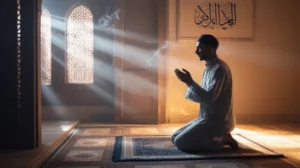 Ilustrasi seseorang sedang berdoa dan berdzikir setelah sholat tahajud di malam hari