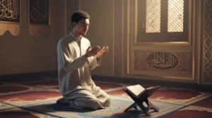 Ilustrasi seseorang sedang melaksanakan sholat hajat dengan khusyuk