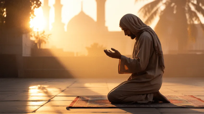 Ilustrasi muslim berdoa di waktu pagi dengan cahaya matahari terbit