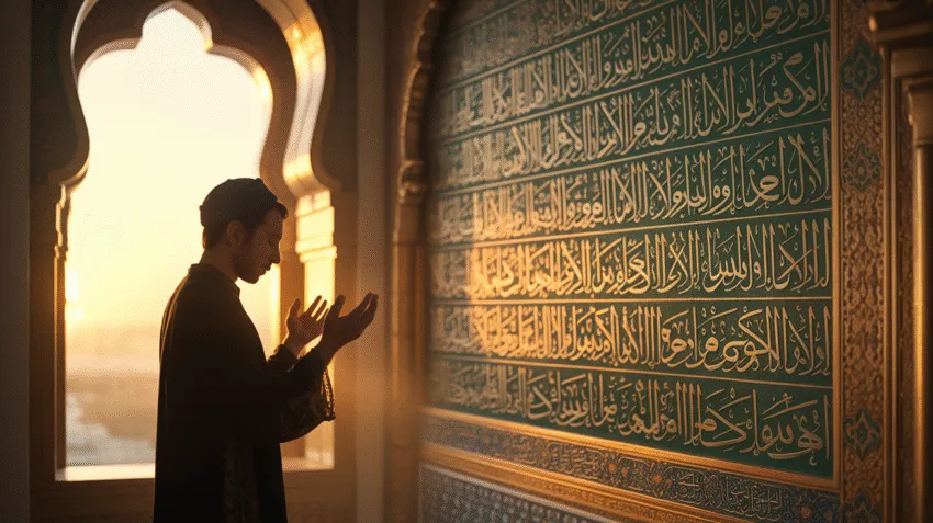 Ilustrasi doa pagi dengan latar matahari terbit dan tangan berdoa