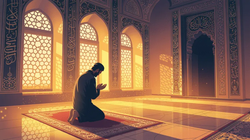 Ilustrasi doa di pagi hari Jumat dengan suasana tenang dan cahaya matahari pagi