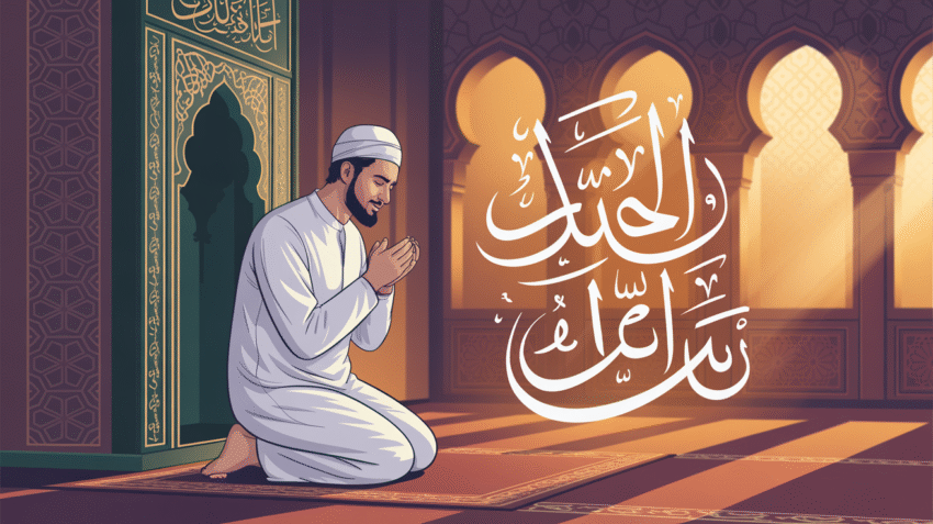 Ilustrasi doa untuk disembuhkan dari segala penyakit dengan latar masjid dan cahaya spiritual