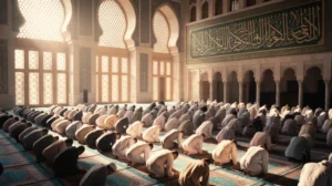 Ilustrasi doa hari Jumat pagi dengan suasana masjid dan cahaya matahari pagi