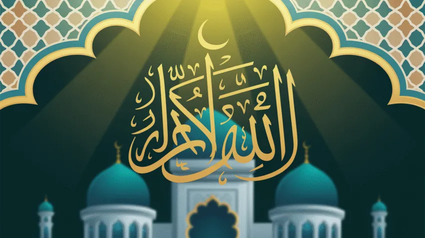 Ilustrasi doa hari Jumat penuh berkah dengan kaligrafi Arab dan background masjid