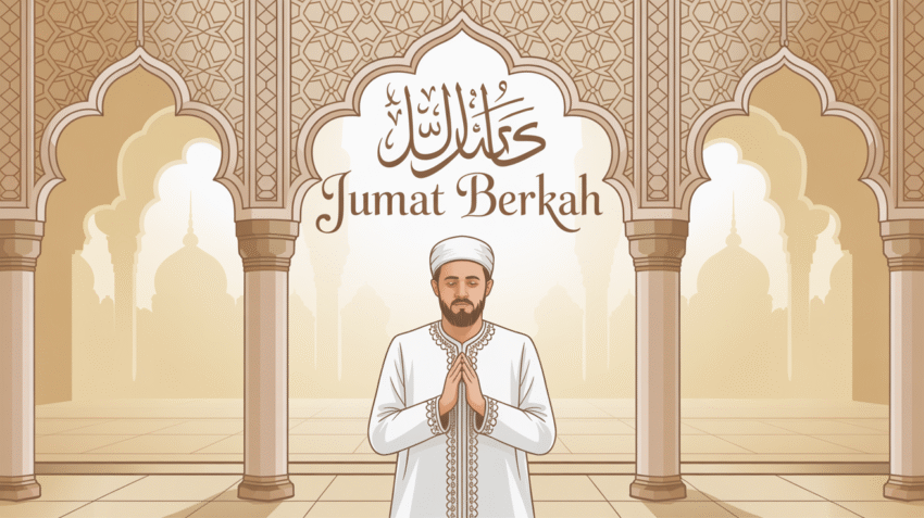 Ilustrasi doa Jumat berkah dengan kaligrafi Arab dan suasana masjid