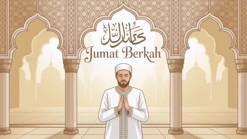 Ilustrasi doa Jumat berkah dengan kaligrafi Arab dan suasana masjid