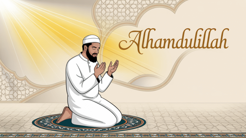 Ilustrasi doa keberkahan dengan tangan terangkat ke langit dan cahaya spiritual