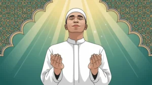 Ilustrasi doa keberkahan rezeki dengan tangan terbuka menghadap langit