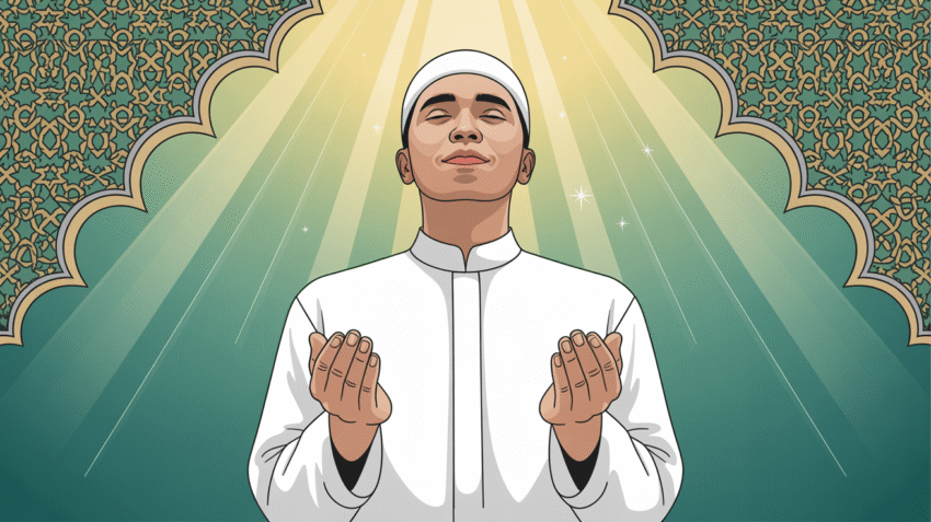 Ilustrasi doa keberkahan rezeki dengan tangan terbuka menghadap langit