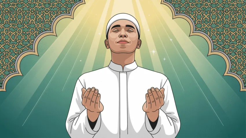 Ilustrasi doa keberkahan rezeki dengan tangan terbuka menghadap langit