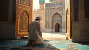 Ilustrasi orang Muslim berdoa saat keluar dan masuk masjid